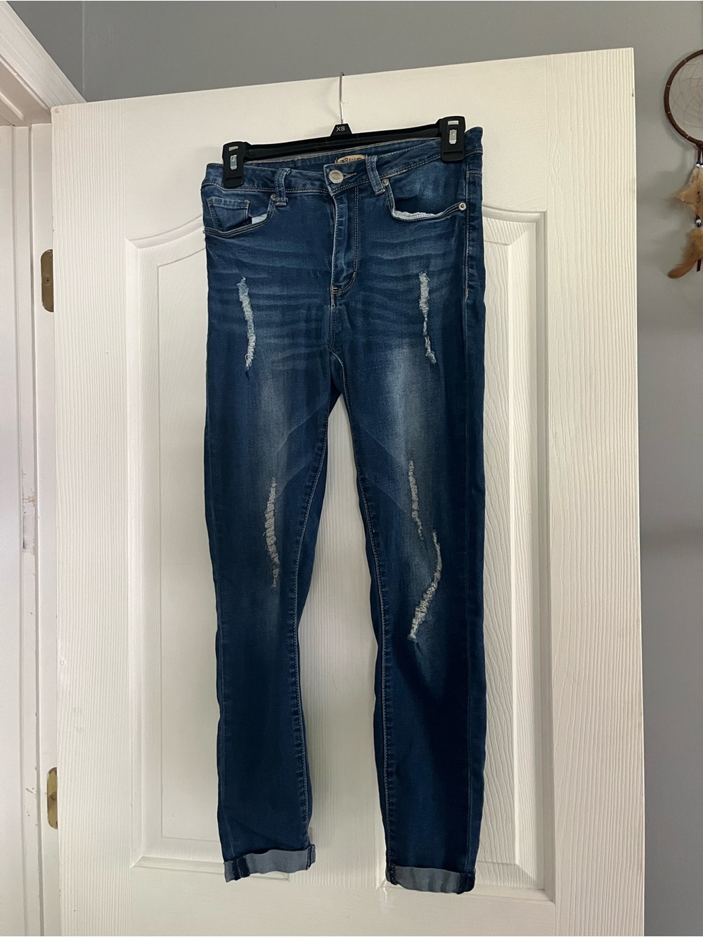 Slim Fit Distressed Jeans - Dark Blue